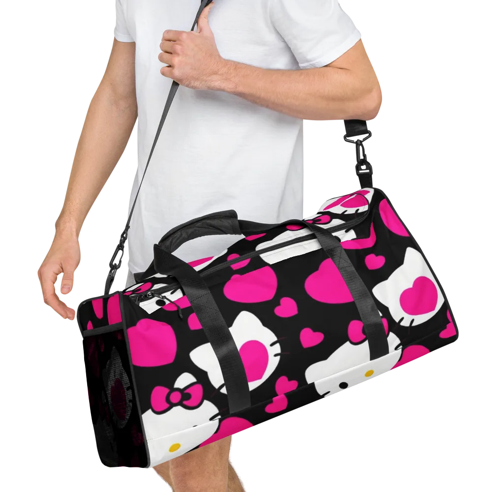 Neon Kitty Hearts on Duffle Bag — Right Front