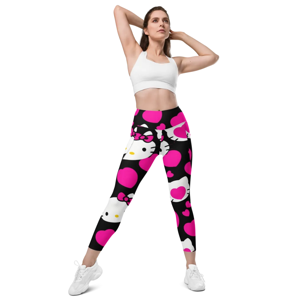 Neon Kitty Hearts on Leggings with Pockets — Front