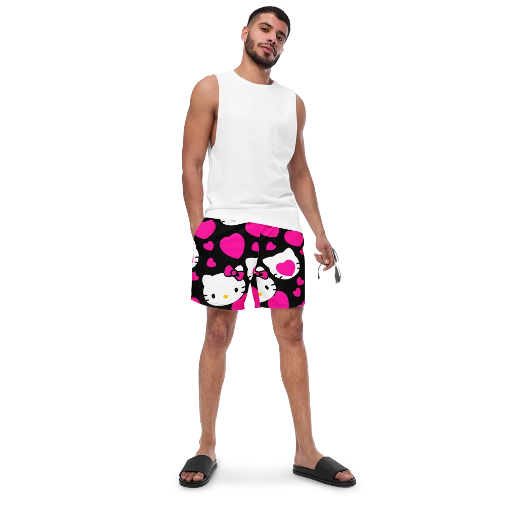 Neon Kitty Hearts on Swim Trunks — Front