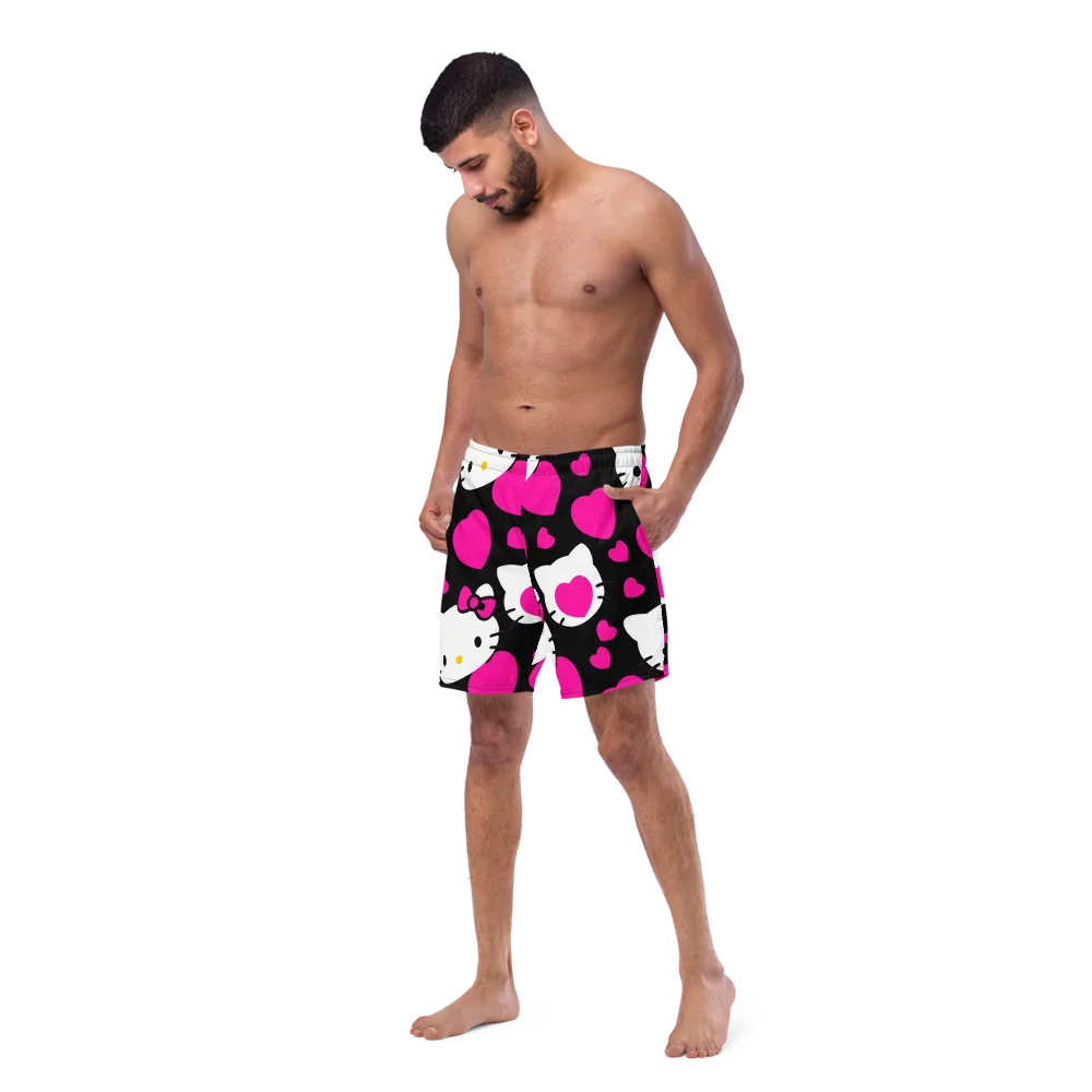 Neon Kitty Hearts on Swim Trunks — Left Front