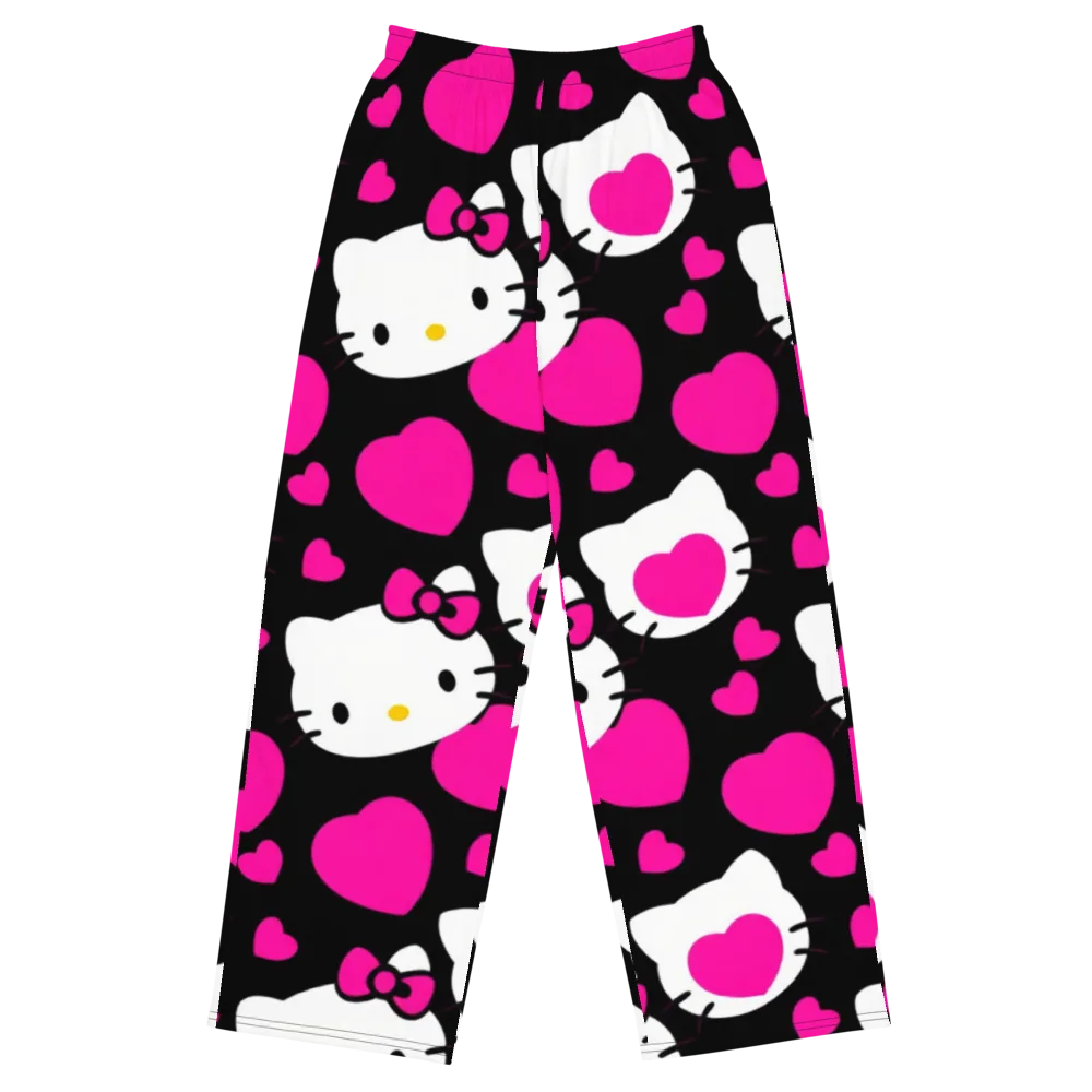 Neon Kitty Hearts on Wide-Leg Pants — Front