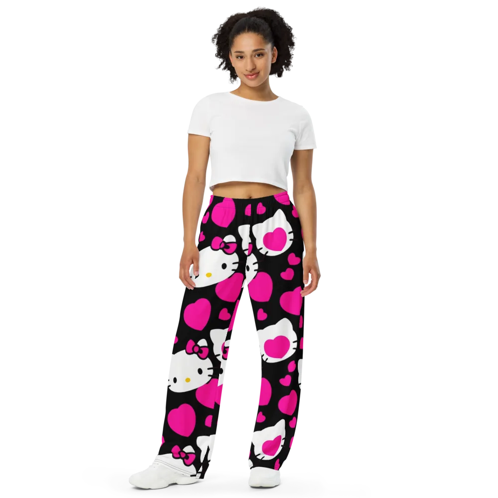Neon Kitty Hearts on Wide-Leg Pants — Front