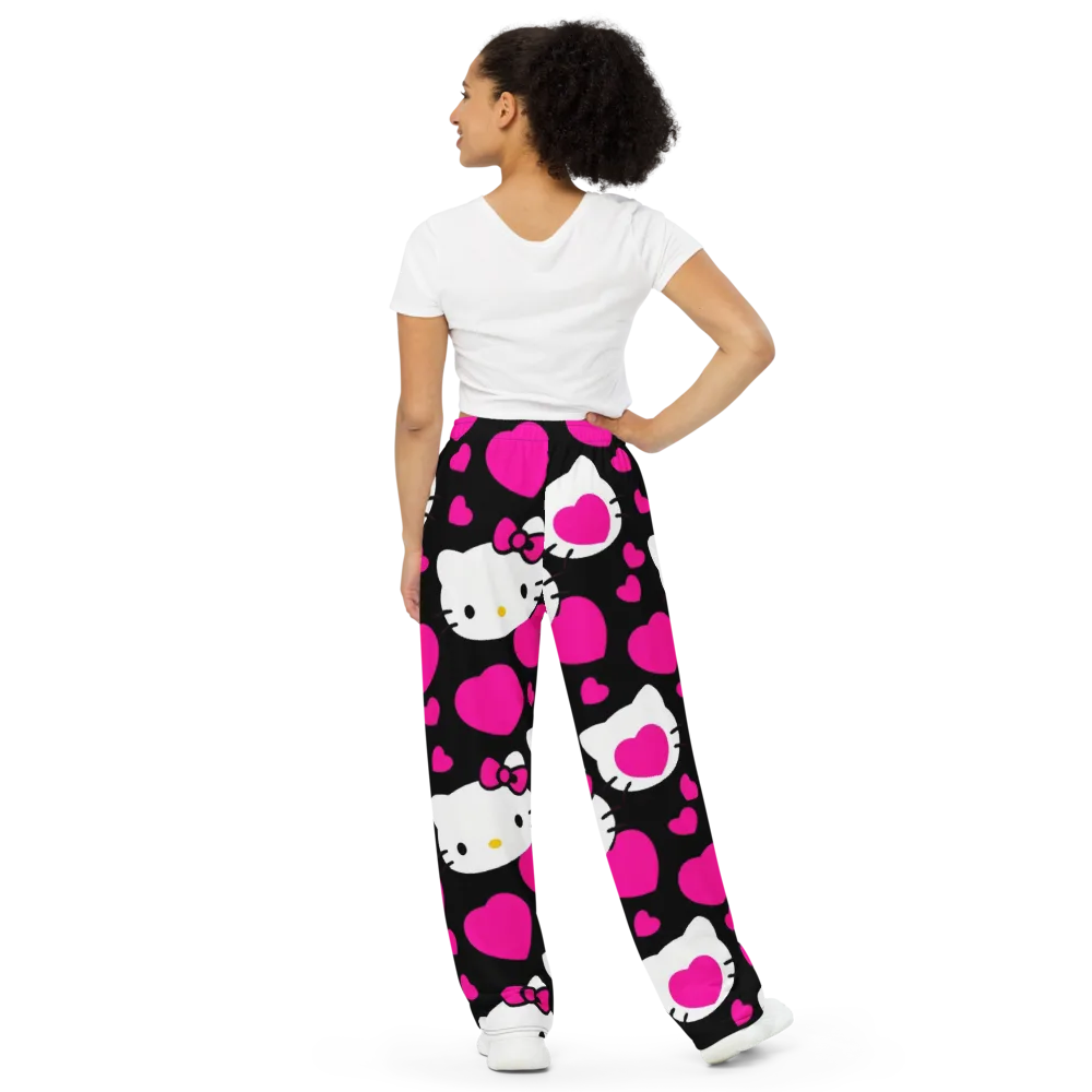 Neon Kitty Hearts on Wide-Leg Pants — Back