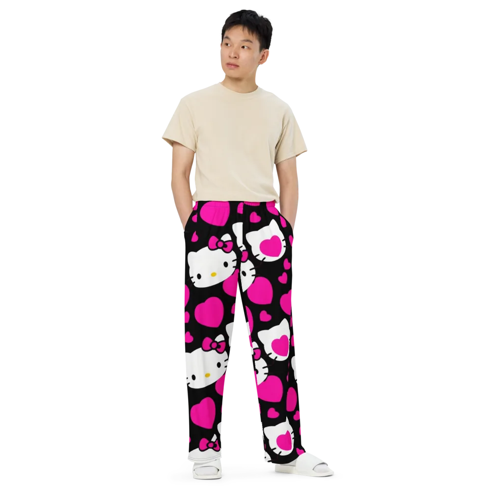 Neon Kitty Hearts on Wide-Leg Pants — Front