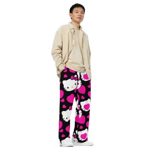 Neon Kitty Hearts on a Wide-Leg Pants