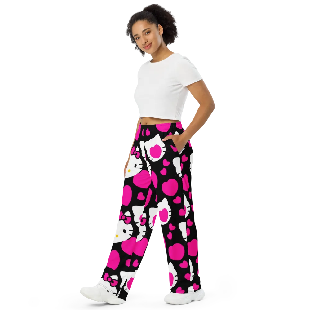 Neon Kitty Hearts on Wide-Leg Pants — Left Front