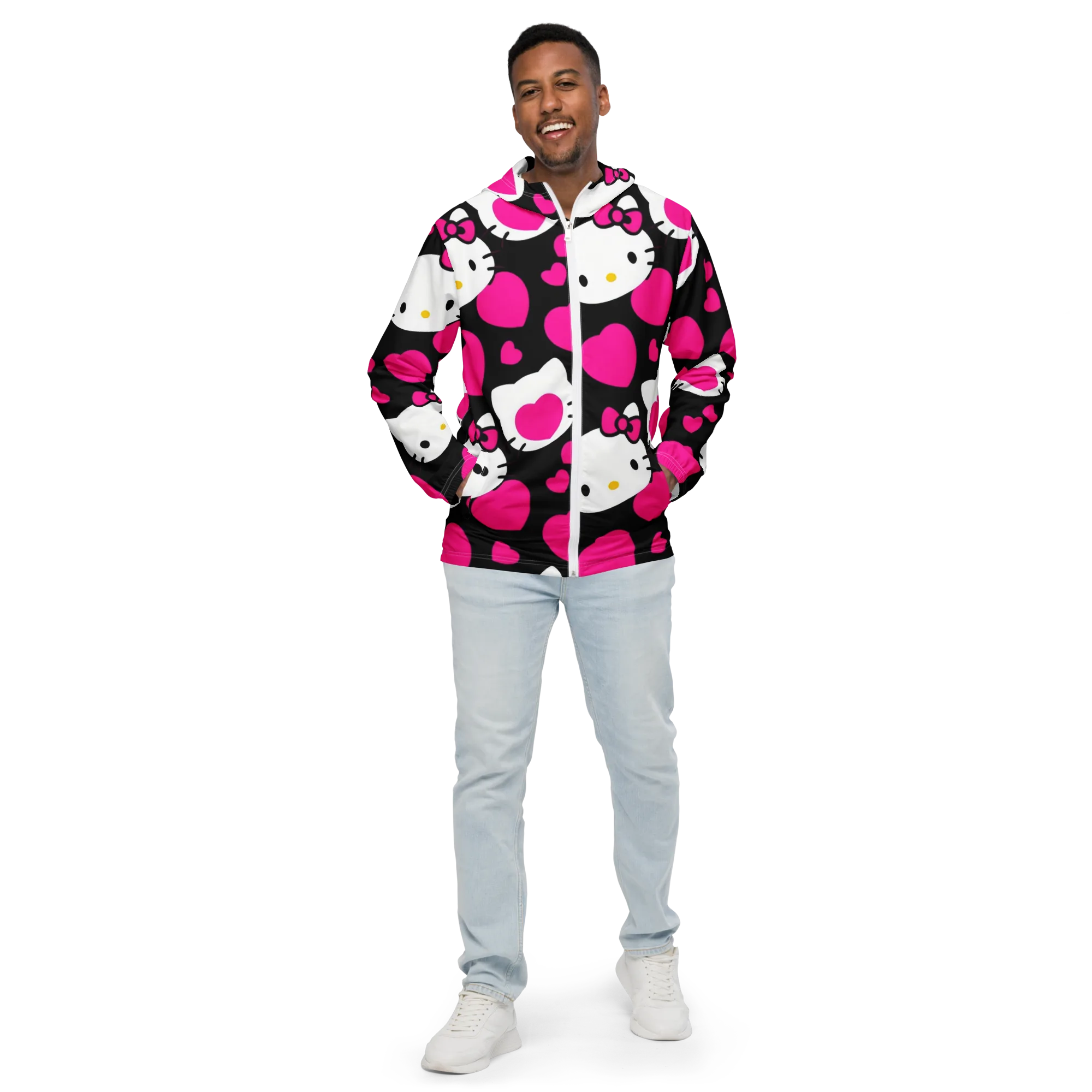Neon Kitty Hearts on Men's Windbreaker — Front