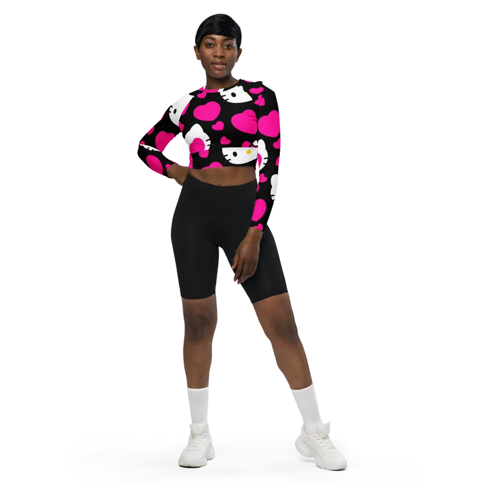 Neon Kitty Hearts on Long Sleeve Crop Top — Front
