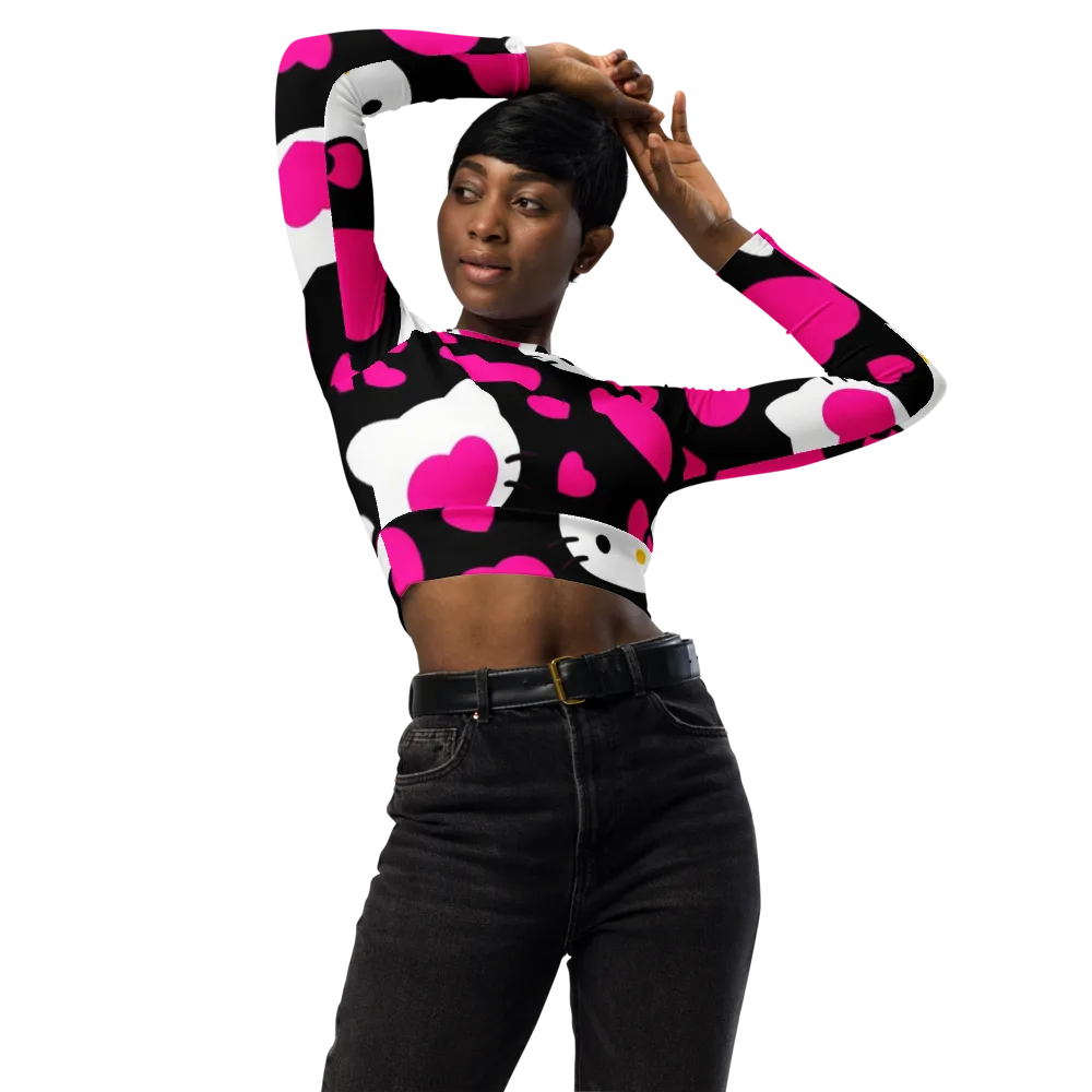 Neon Kitty Hearts on Long Sleeve Crop Top — Front