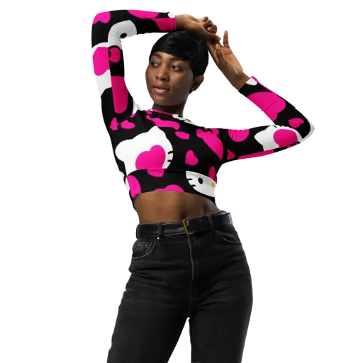 Neon Kitty Hearts on a Long Sleeve Crop Top