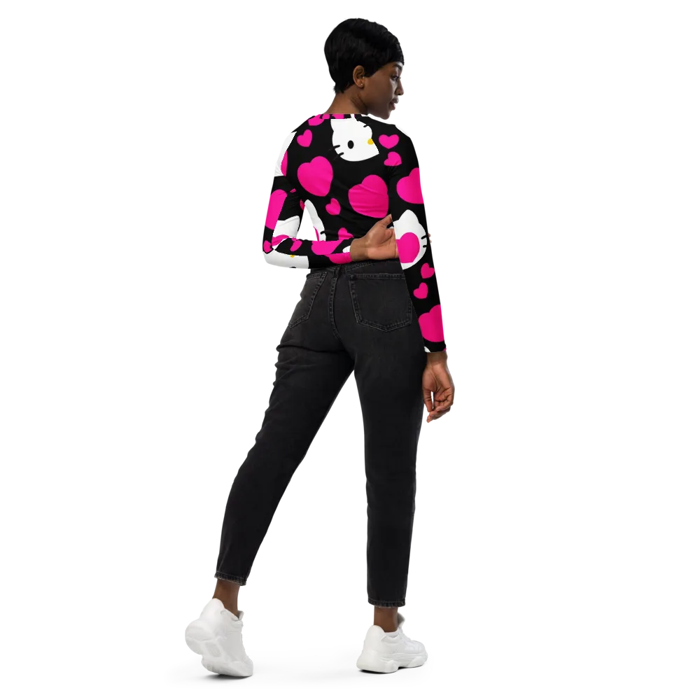 Neon Kitty Hearts on Long Sleeve Crop Top — Right Back