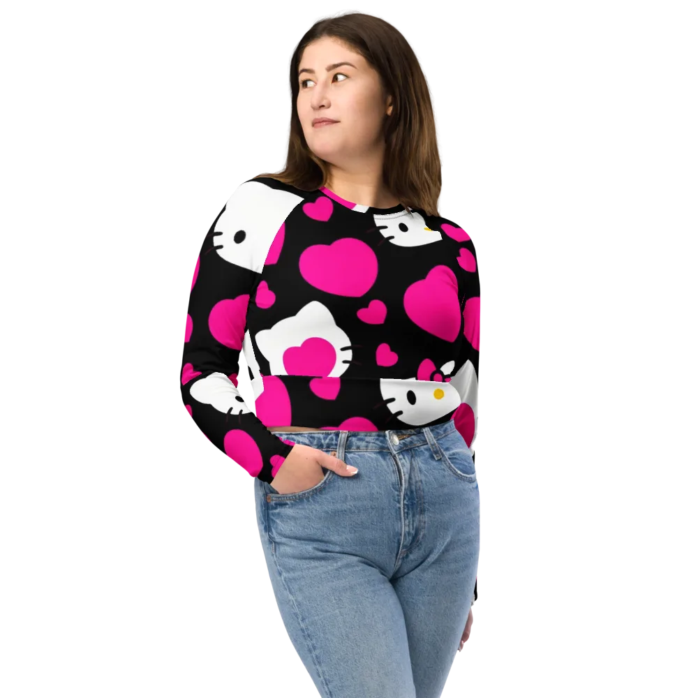 Neon Kitty Hearts on Long Sleeve Crop Top — Front