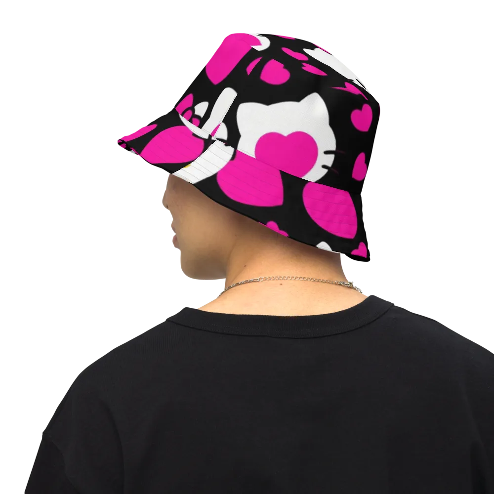 Neon Kitty Hearts on Reversible Bucket Hat — Back Inside