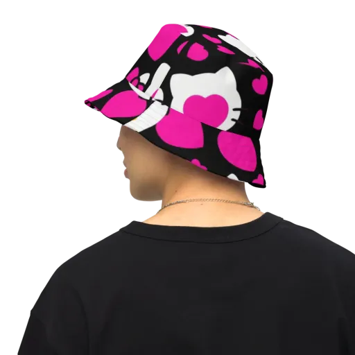 Neon Kitty Hearts on a Reversible Bucket Hat
