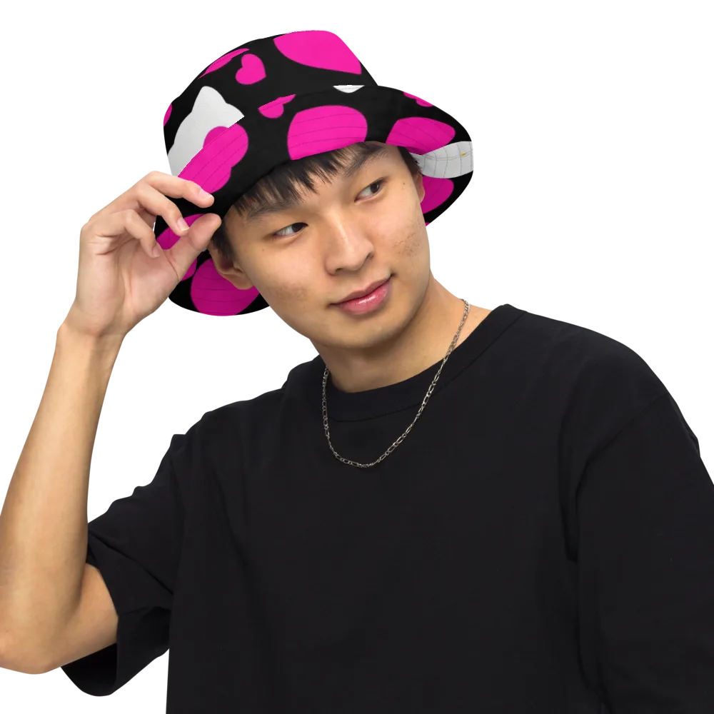 Neon Kitty Hearts on Reversible Bucket Hat — Front Inside