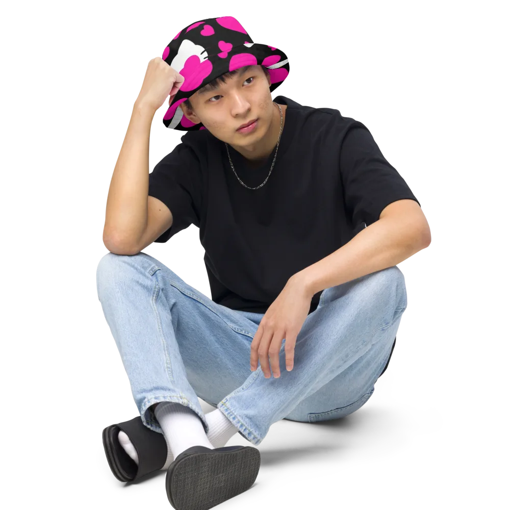 Neon Kitty Hearts on Reversible Bucket Hat — Front 2 Inside