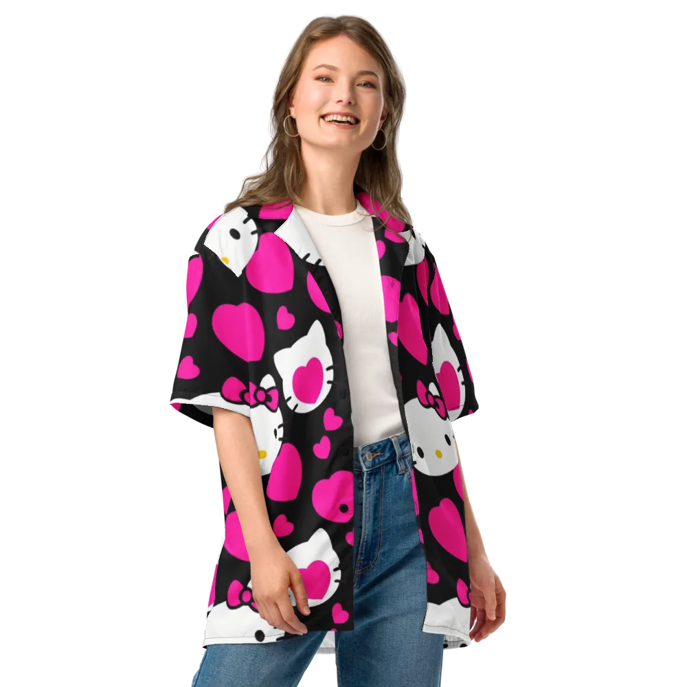 Neon Kitty Hearts on Button Shirt — Front