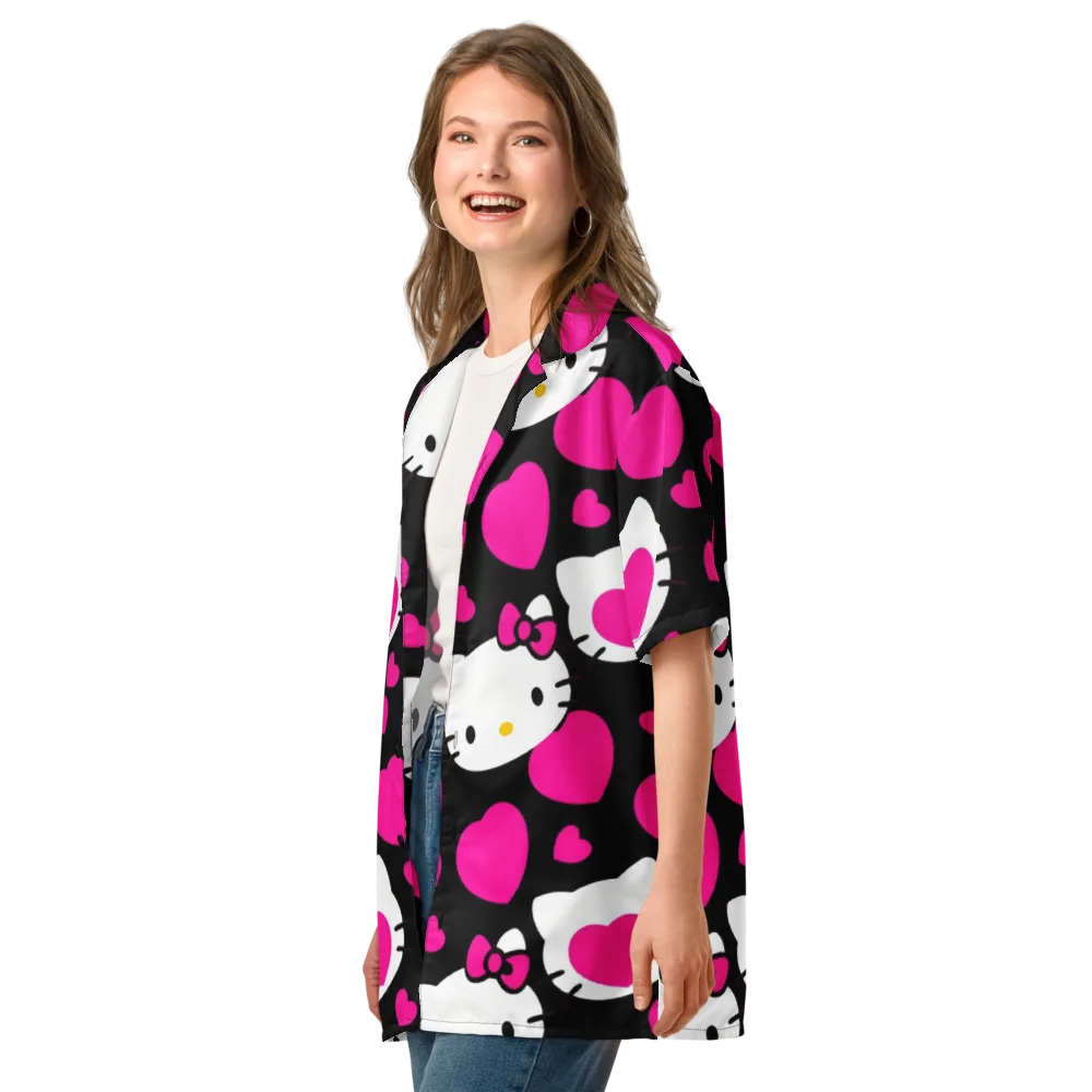 Neon Kitty Hearts on Button Shirt — Left Front