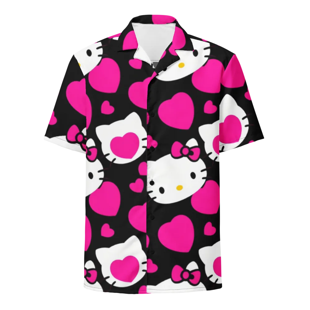 Neon Kitty Hearts on Button Shirt — Front