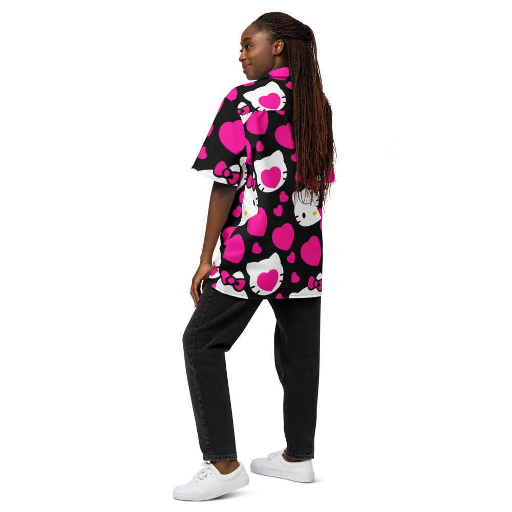 Neon Kitty Hearts on Button Shirt — Back