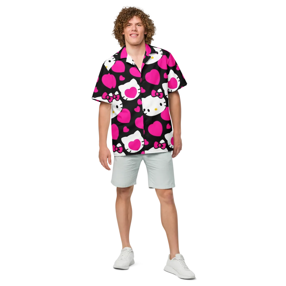 Neon Kitty Hearts on Button Shirt — Front