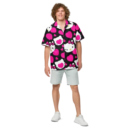Neon Kitty Hearts on a Button Shirt