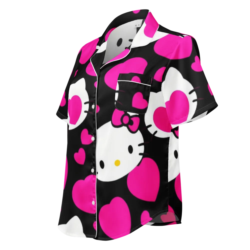 Neon Kitty Hearts on Women's Short Sleeve Pajama Top — Left Front