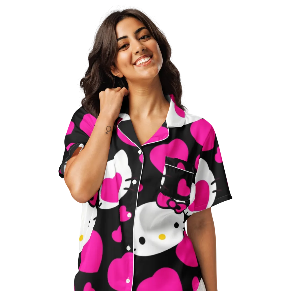 Neon Kitty Hearts on Women's Short Sleeve Pajama Top — Front