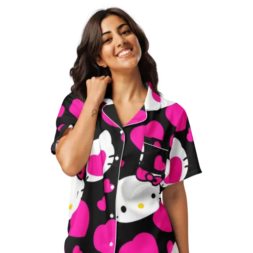 Neon Kitty Hearts on a Women's Short Sleeve Pajama Top