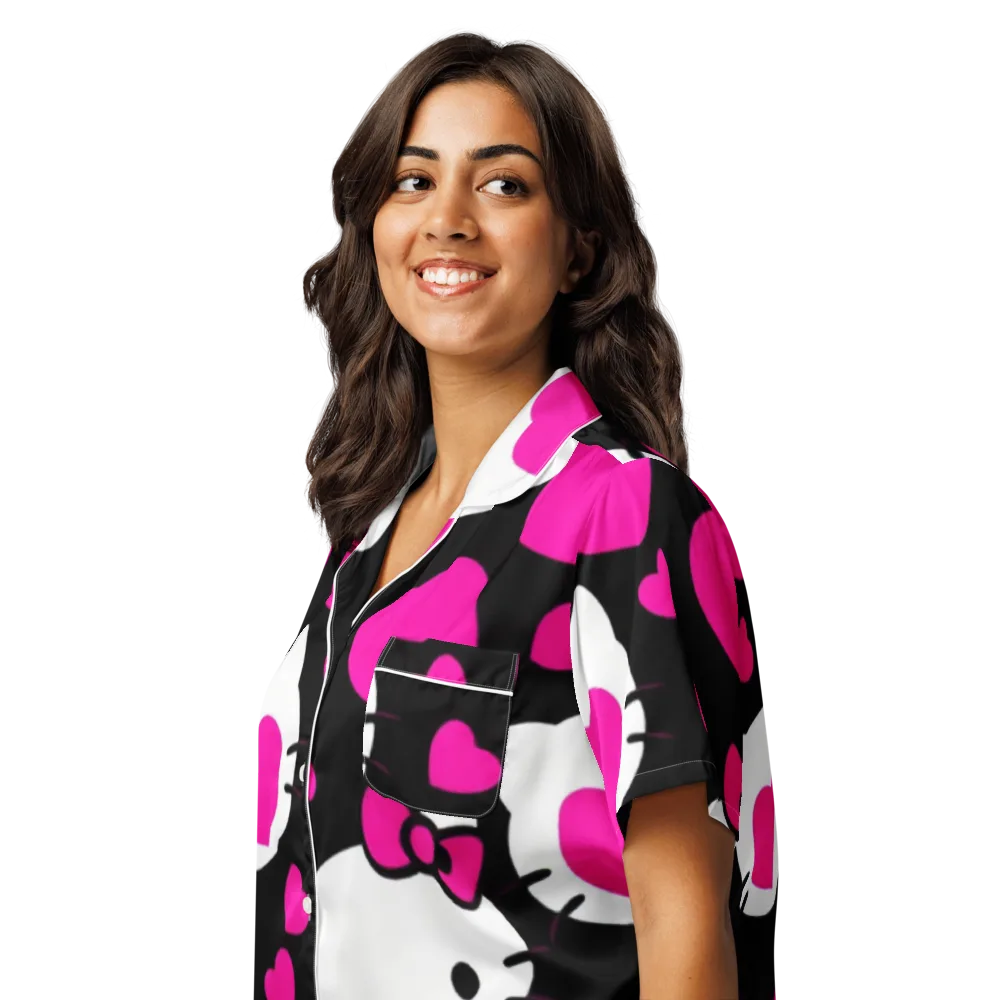 Neon Kitty Hearts on Women's Short Sleeve Pajama Top — Left Front