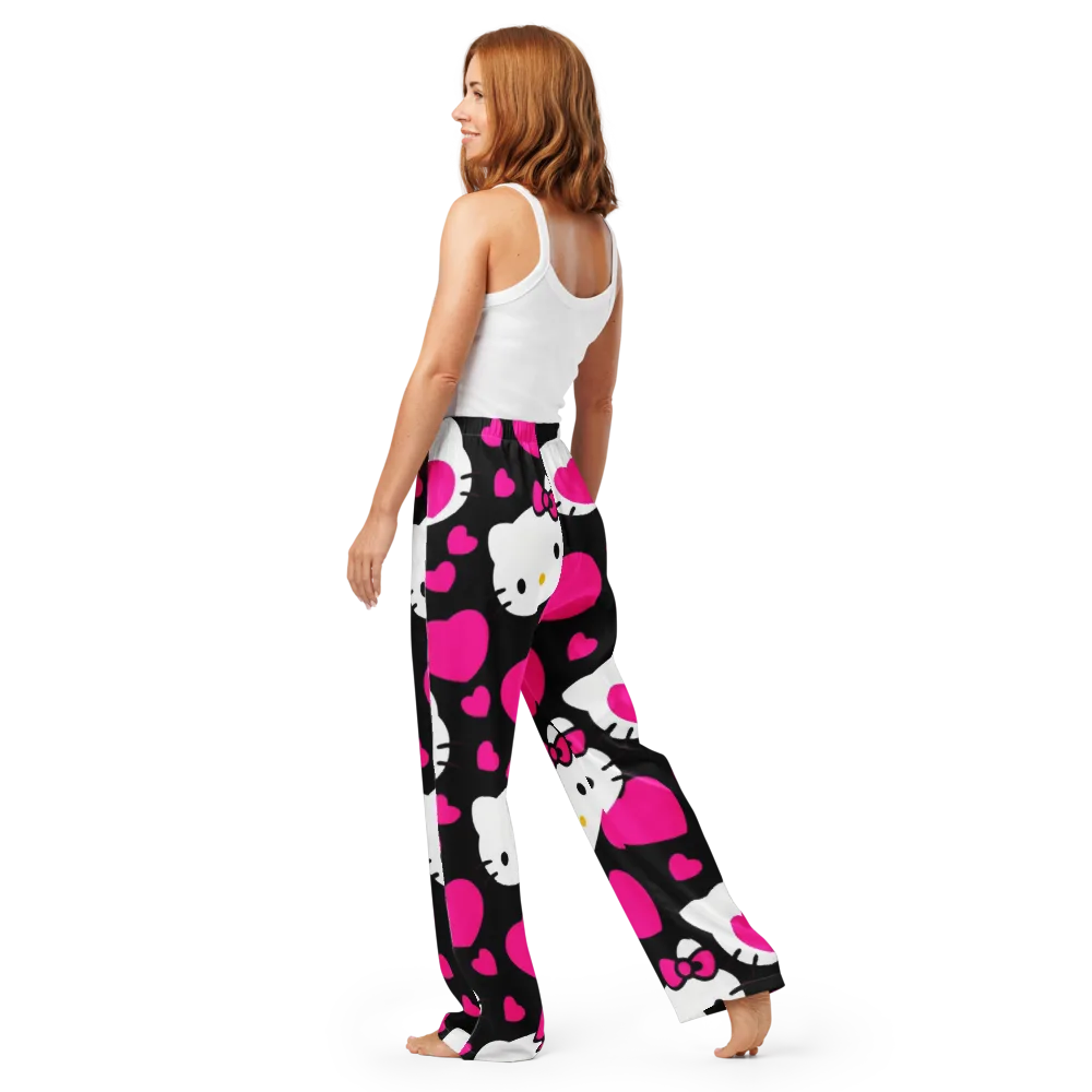 Neon Kitty Hearts on Women's Pajama Pants — Back