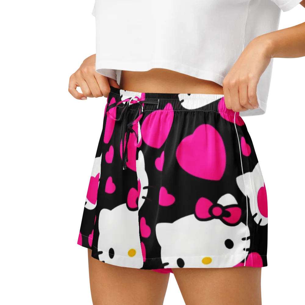 Neon Kitty Hearts on Women's Pajama Shorts — Left