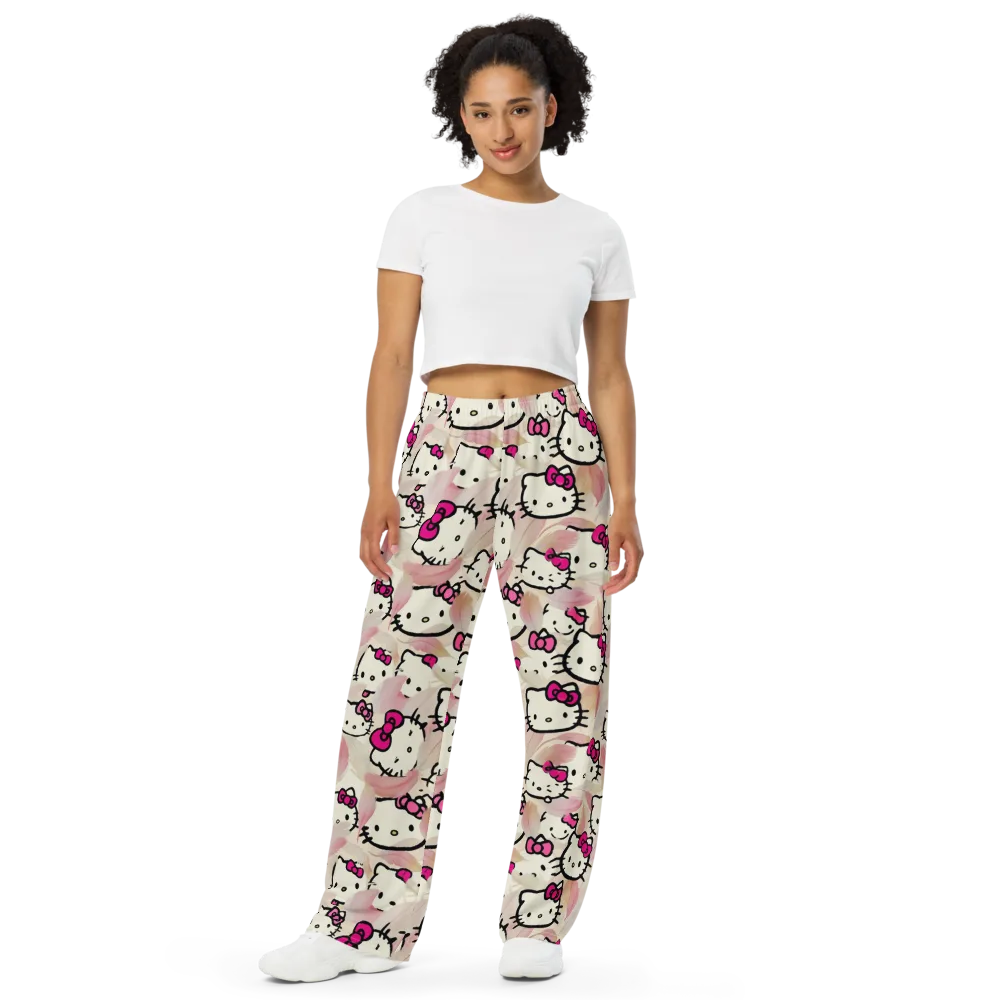 Kawaii Feather Parade on Wide-Leg Pants — Front