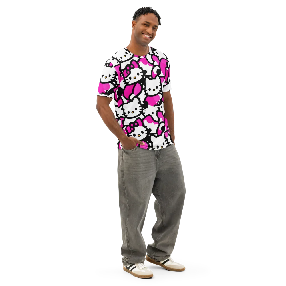 Neon Kitty Pop on Men's Cotton Crew Neck T-Shirt — Right Front