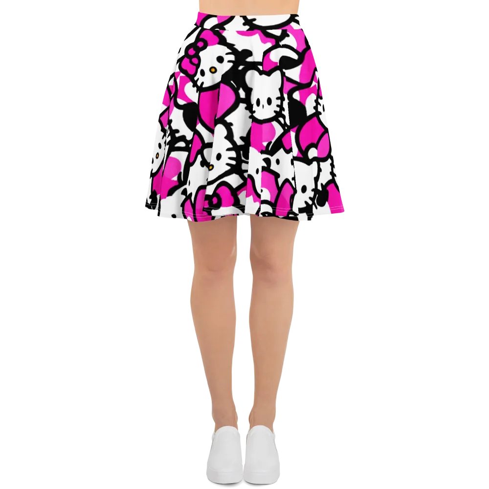 Neon Kitty Pop on Skater Skirt — Front