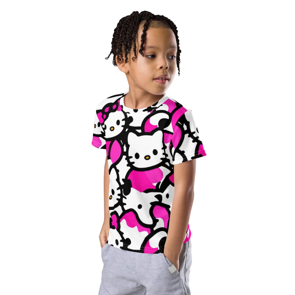 Neon Kitty Pop on Kids Crew Neck T-Shirt — Left Front