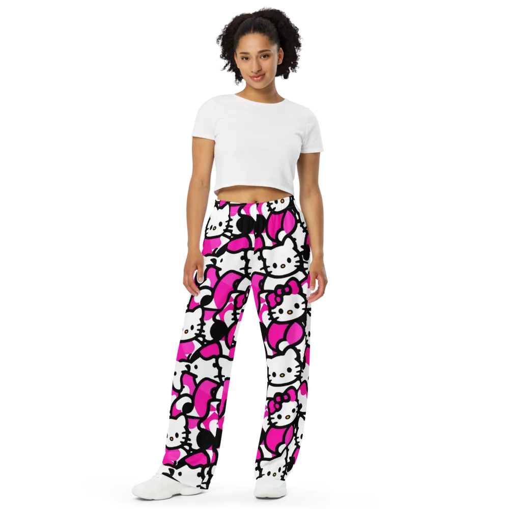 Neon Kitty Pop on Wide-Leg Pants — Front