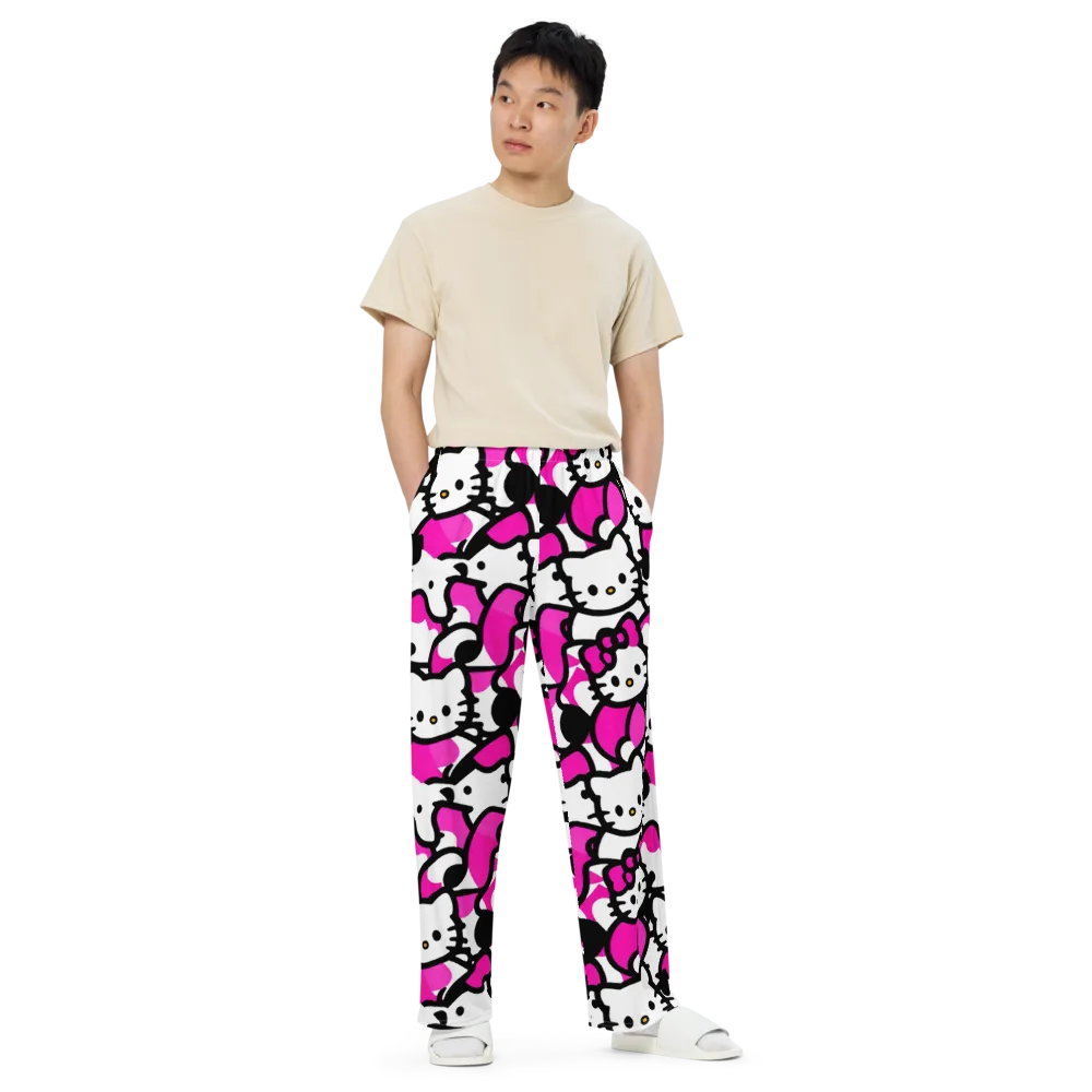 Neon Kitty Pop on Wide-Leg Pants — Front
