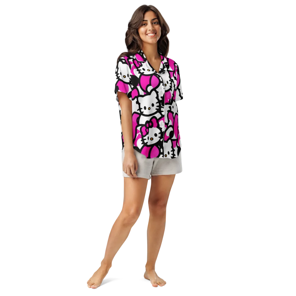Neon Kitty Pop on Women's Short Sleeve Pajama Top — Front