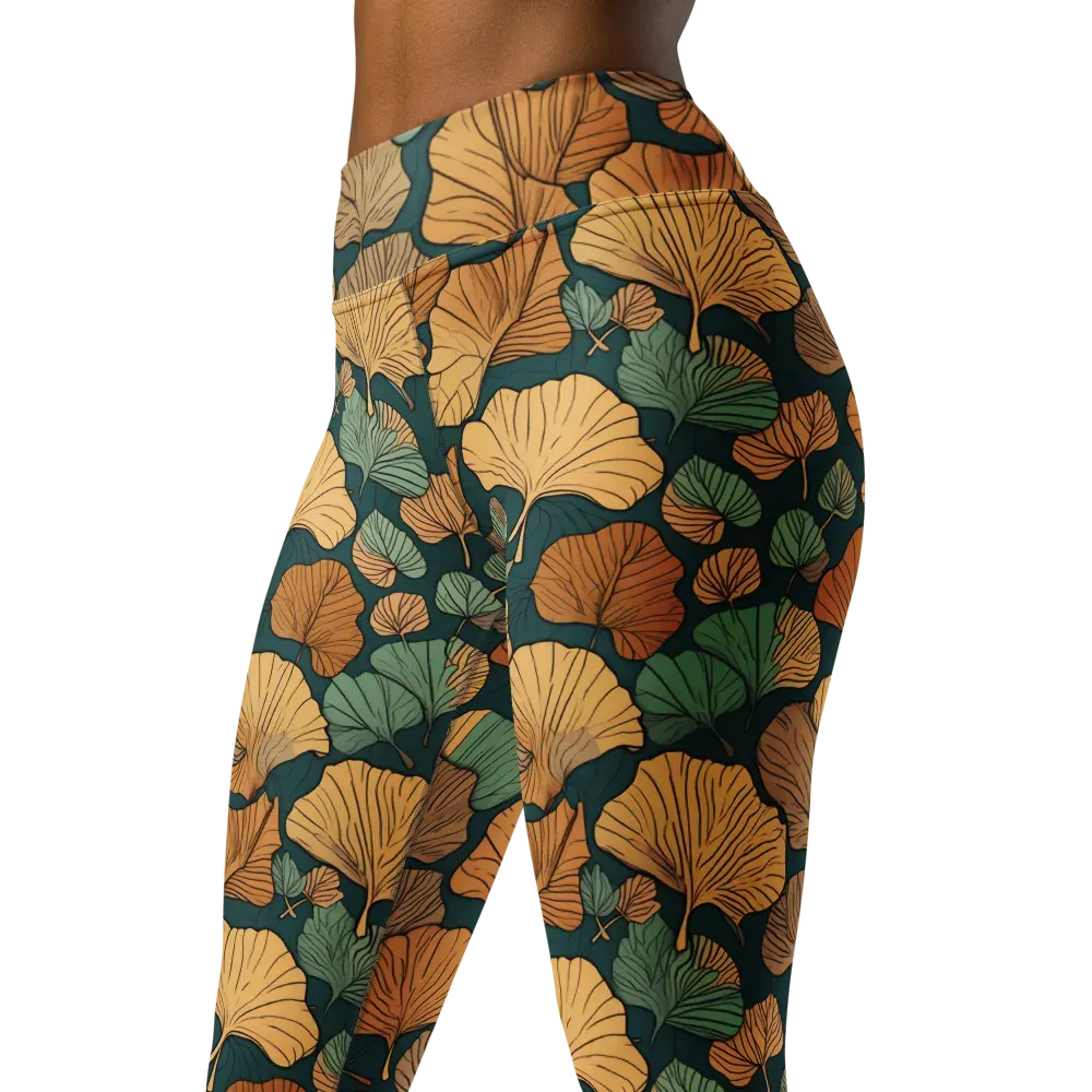 Ginkgo Noir on Yoga Leggings — Left Front