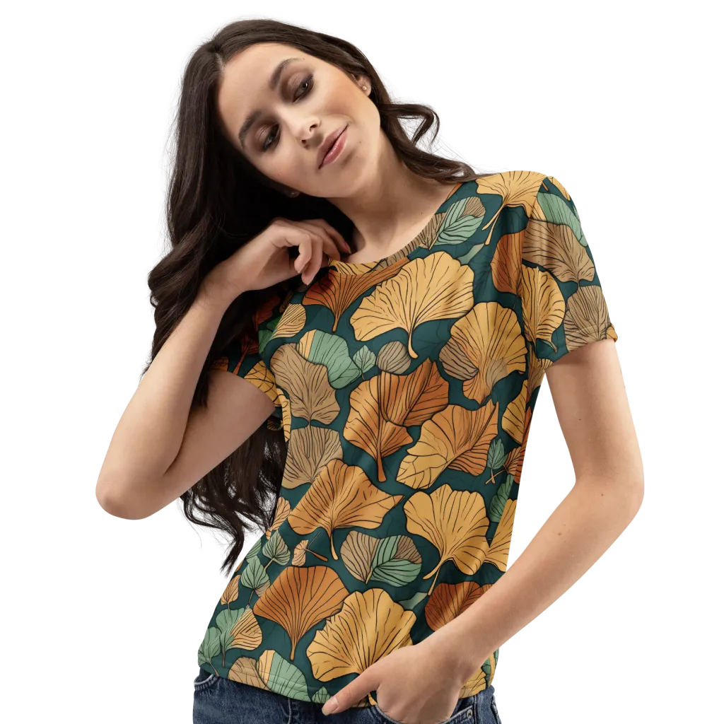 Ginkgo Noir on Women's Crew Neck T-Shirt — Left Front