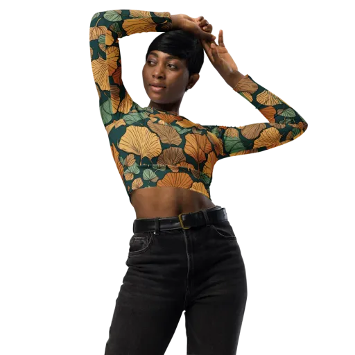 Ginkgo Noir on a Long Sleeve Crop Top