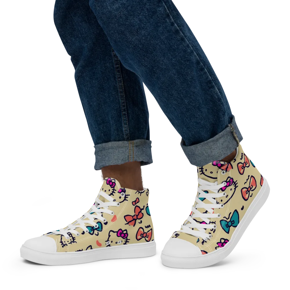 Bow Kitty Parade on Men's High Top Canvas Shoes — Left