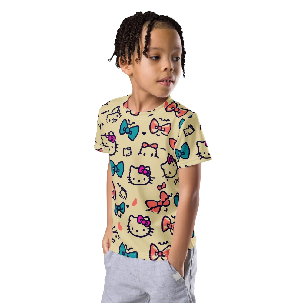 Bow Kitty Parade on Kids Crew Neck T-Shirt — Left Front