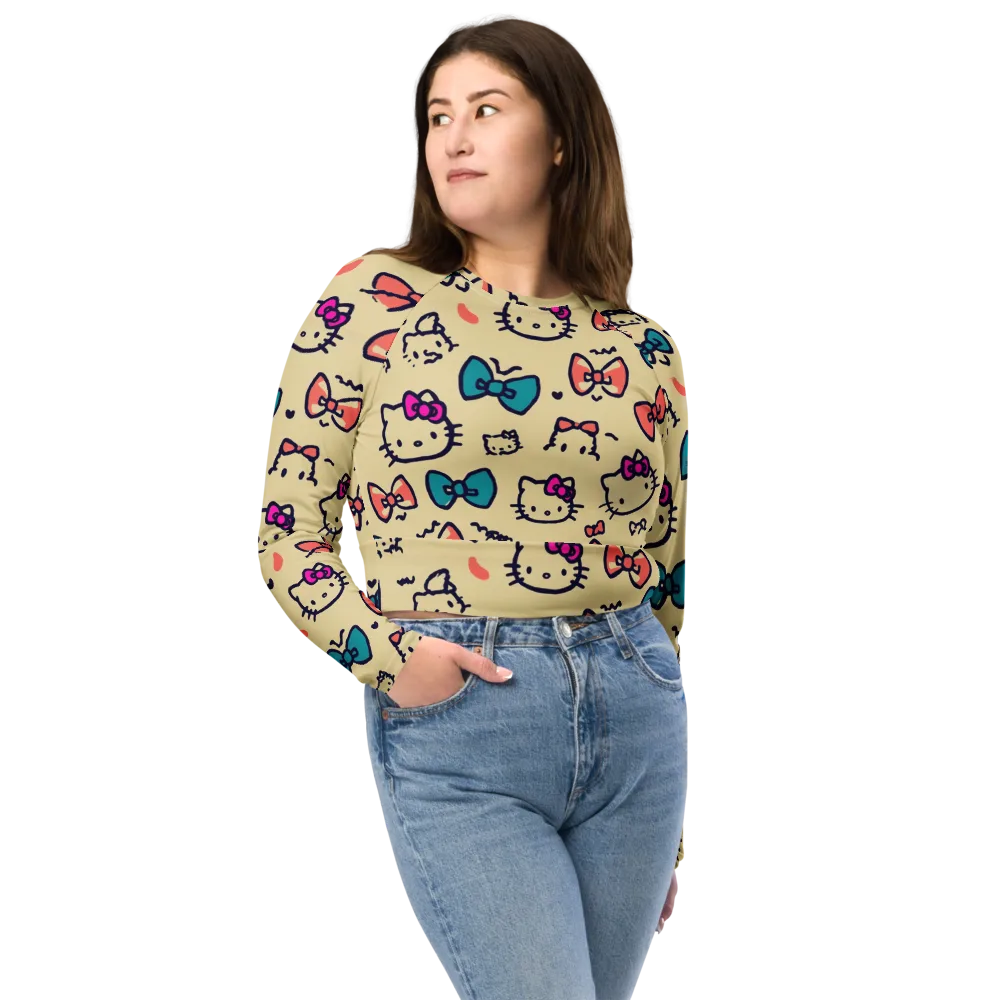 Bow Kitty Parade on Long Sleeve Crop Top — Front