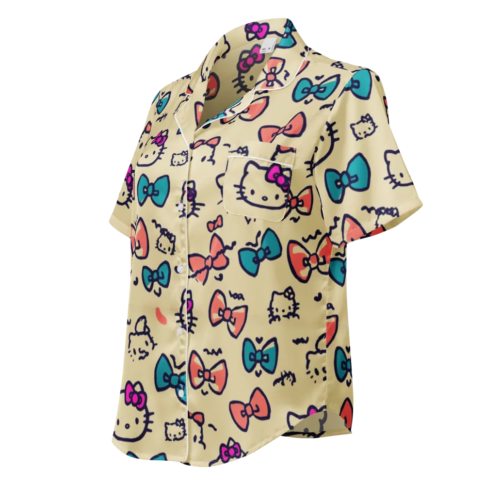 Bow Kitty Parade on Women's Short Sleeve Pajama Top — Left Front