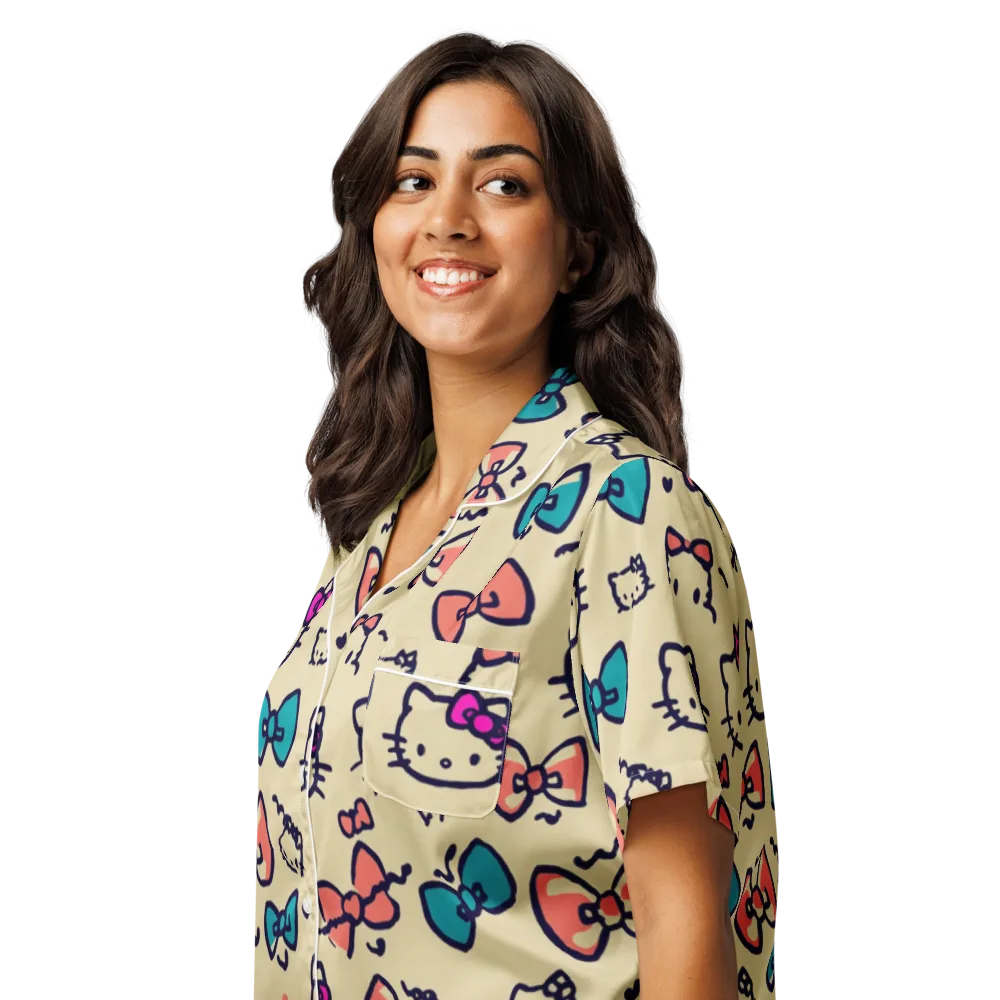 Bow Kitty Parade on Women's Short Sleeve Pajama Top — Left Front