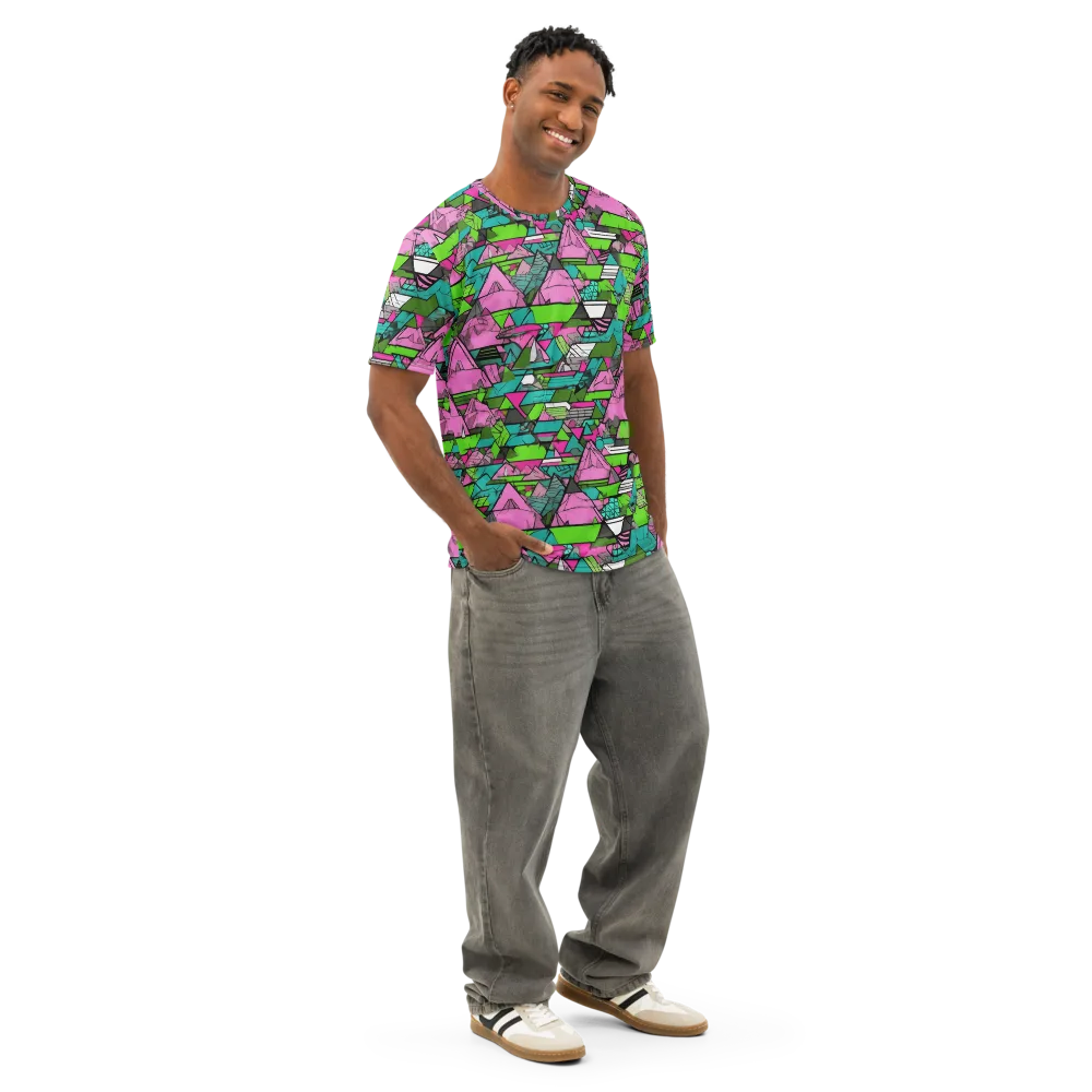 Neon Alpine Grid on Men's Cotton Crew Neck T-Shirt — Right Front