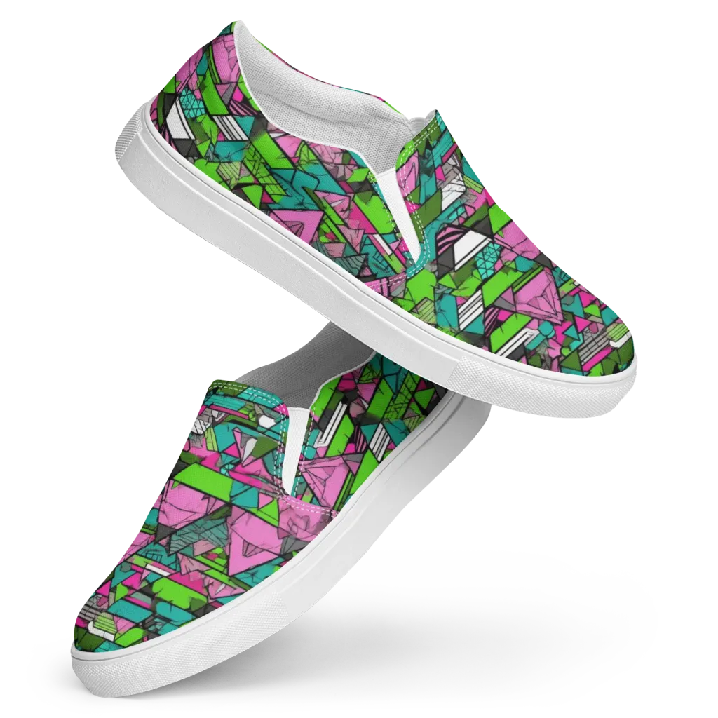 Neon Alpine Grid on Women's Slip-On Canvas Shoes — Front