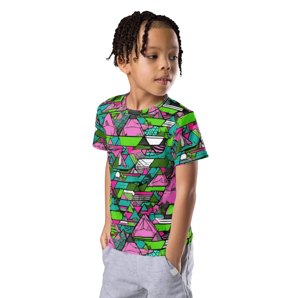 Neon Alpine Grid on Kids Crew Neck T-Shirt — Left Front